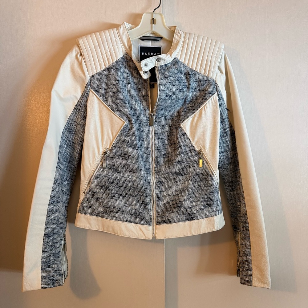 Runway New York White Leather and Blue Fabric Jacket Size Medium
